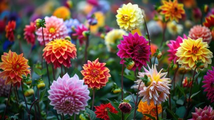 A stunning array of dahlias blooms in various colors, creating a vibrant and lively atmosphere in the garden during the peak of blooming season