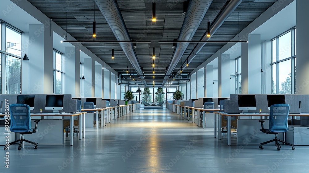 Poster modern open-concept office space with desks and computers during daytime hours