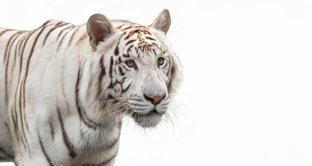 Obraz premium White tiger isolated on a white background, its fur displaying intricate black stripes and snowy white coat, vibrant colors, right closeup composition.
