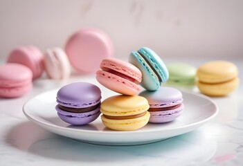 Obraz premium Colorful pastel macarons arranged up close on a white plate, ready to be enjoyed.