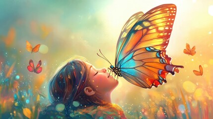 A whimsical cartoon of a mother spirit as a colorful butterfly, gently landing on her child shoulder.
