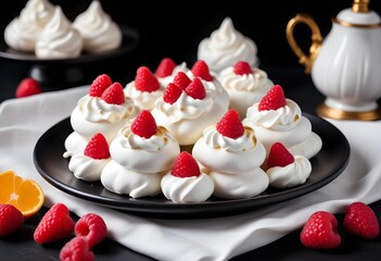 Delicious fresh meringue cookies with pieces of raspberry, captured up close.