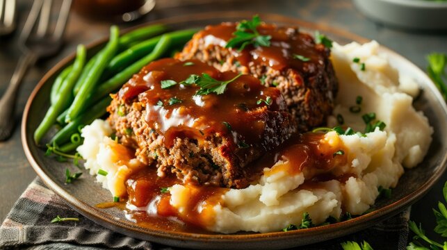 Hearty meatloaf topped with savory gravy served alongside creamy mashed potatoes and fresh green beans, perfect for a comforting family meal