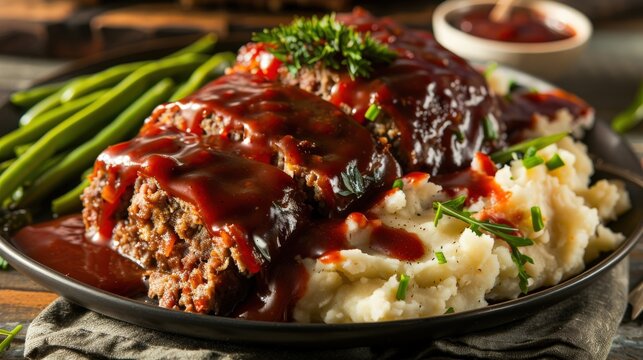Enjoy a classic dish featuring tender meatloaf topped with tangy sauce, accompanied by creamy mashed potatoes and vibrant green beans