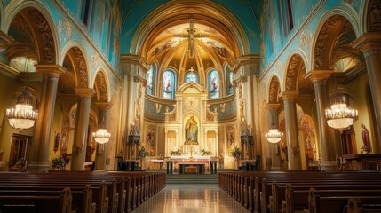 Fototapeta premium An elegant church interior with a prominent cross, ornate chandeliers, and beautiful frescoes adorning the walls