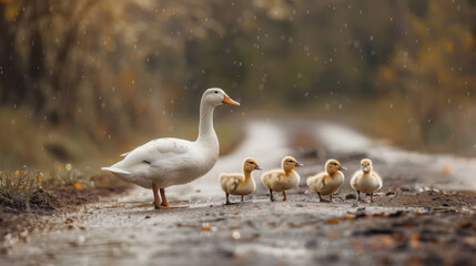 Fototapeta premium duck leading little ducklings in a line