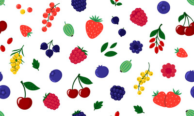 Seamless pattern with Berries. Cherry, black currant, raspberry, gooseberry, blueberry, blackberry, strawberry, barberry, sea buckthorn. Fresh summer juicy berry background. Flat Vector illustration