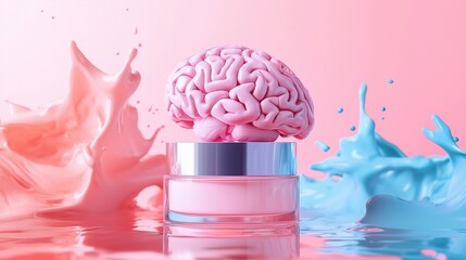 Brain and cosmetic jar on colorful background, symbolizing the connection between mental health and skincare in psychodermatology and neurocosmetics.