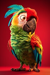 Obraz premium A colorful 3D parrot character, perched and squawking, on a solid red background