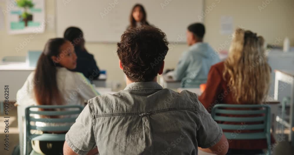 Aufkleber student, question and learning in classroom from teacher for education, growth and development with 