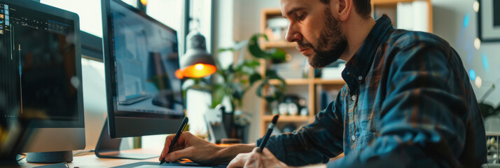 middle aged businessman working on computer
