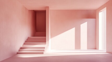 Obraz premium Minimalist Pink Room with Stairs and Sunlight