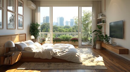 Overall bedroom interior design, solid wood floors, high-rises in summer, daytime. Generative AI.