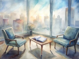 Comfortable counseling room setup with empty chairs, notebooks and pens, blurred cityscape outside, conveying safe space for addicted individuals to openly share struggles.