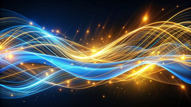 Vibrant gold and blue neon lines and waves pulse through a dark background, evoking a sense of high-speed data transmission in a futuristic global internet network.