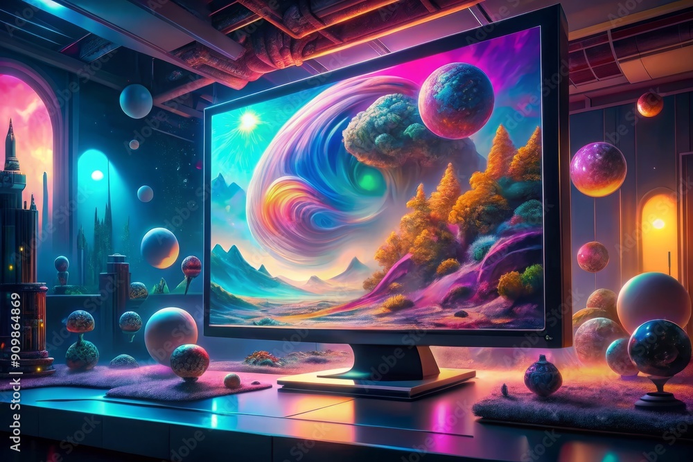 Aufkleber colorful digital art software interface on large screen monitor displaying creative graphics and fut