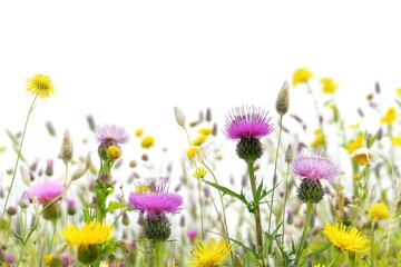 Fototapeta premium A serene scene of a field filled with colorful wildflowers, set against a bright white sky