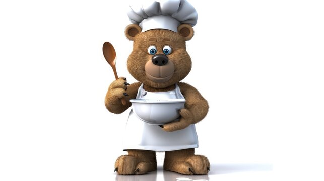A cartoon bear chef holding a spoon and a mixing bowl, wearing a chef's hat and apron, ready to cook.