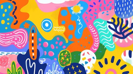 A colorful abstract background with playful shapes and doodles, perfect for children's educational content.