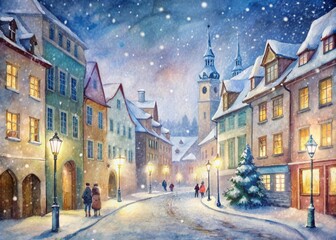 Obraz premium Snowflakes gently fall on a charming European winter street lined with historic buildings, twinkling lights, and cozy cafes, evoking a festive atmosphere of friendship and joy.