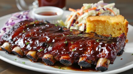 Tender barbecue ribs glazed with sauce, accompanied by coleslaw, cornbread, and a side of dipping sauce, perfect for a summer cookout meal