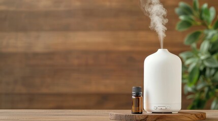 Aromatherapy setup with essential oils and a diffuser on a wooden table, wellness, tranquil environment