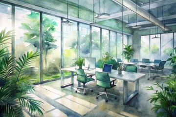 Modern office room with sleek glass desks, ergonomic chairs, and floor-to-ceiling windows, surrounded by lush green plants and cutting-edge technology equipment.