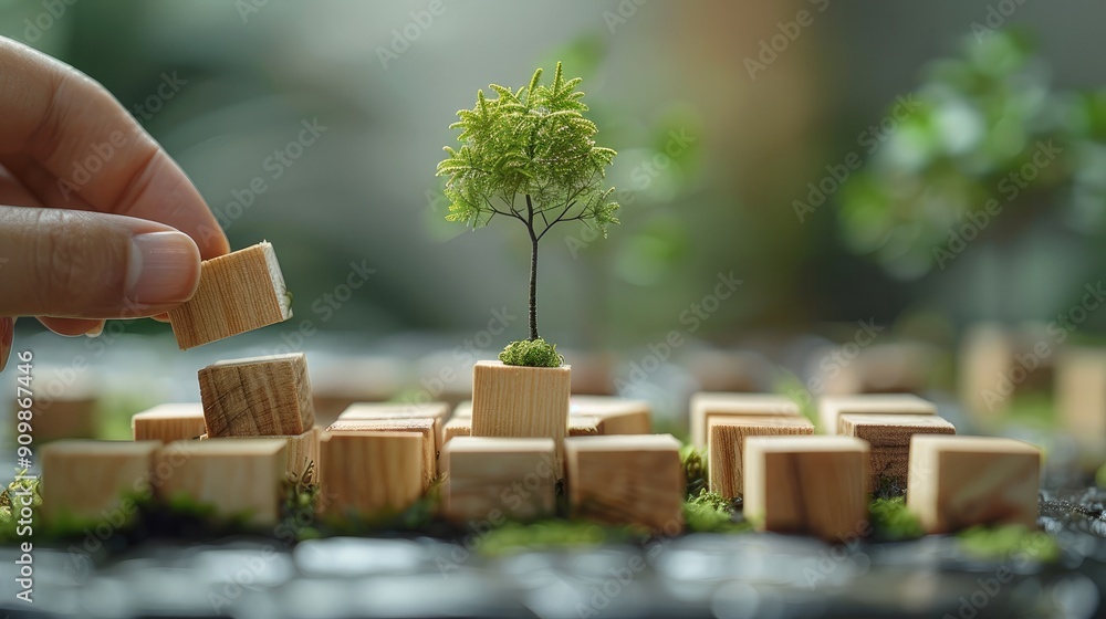 Poster woman hand pick the wooden block to the center, line of 6 wooden blocks at the center, green backgro