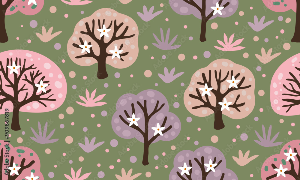 Poster seamless pattern with spring garden. trees with flowers. spring seamless pattern. vector illustratio