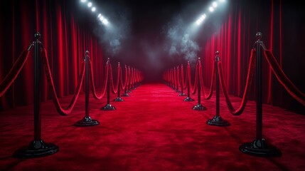 Red Carpet Awaits: An empty red carpet, bathed in the glow of spotlights, beckons with an air of anticipation and glamour. 