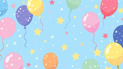 Whimsical background featuring cartoon balloons and stars, perfect for celebration announcements.