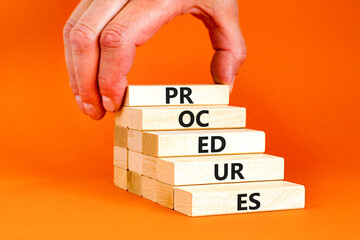 Procedures symbol. Concept word Procedures on beautiful wooden blocks. Businessman hand. Beautiful orange background. Business procedures concept. Copy space.