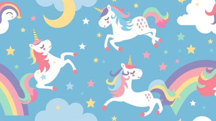 Whimsical background with cartoon rainbows and unicorns, ideal for imaginative play themes.