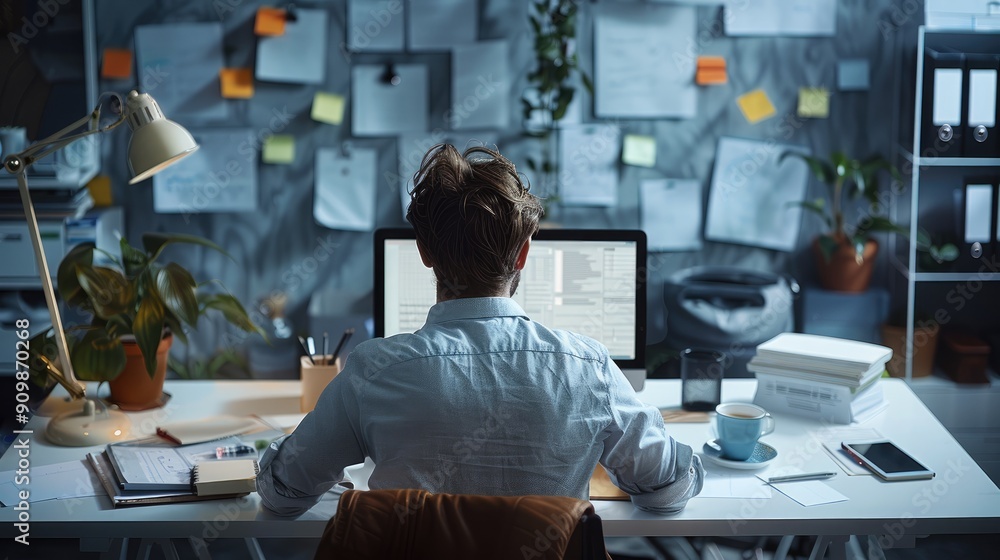 Sticker A man sitting at his desk working on a computer, detailed office environment with papers, stationery, and a coffee mug, modern office design. Generative AI.