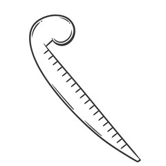 French curve tailor ruler line icon. Hand drawn retro dressmakers tool with scales for sewing. Tailoring, fashion design, dressmaking template mascot, doodle curved ruler icon vector illustration
