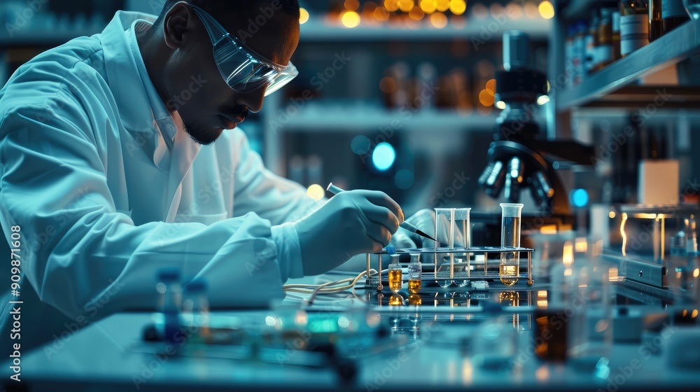 Aufkleber a futuristic high-tech laboratory. the table is filled with various futuristic scientific instrument