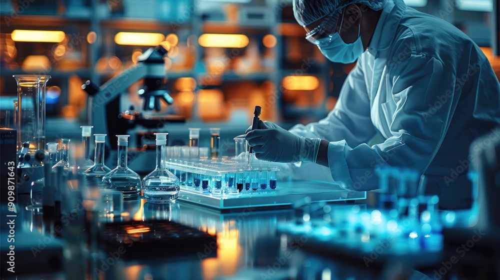 Aufkleber a futuristic high-tech laboratory. the table is filled with various futuristic scientific instrument