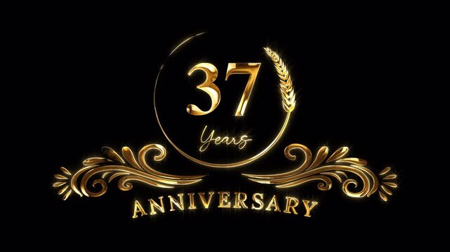 37th Anniversary Celebration. Happy 37 Years Anniversary Animation in Gold Color on the Transparent Background, Alpha Channel. Great for greetings, celebrations, events, and gifts.