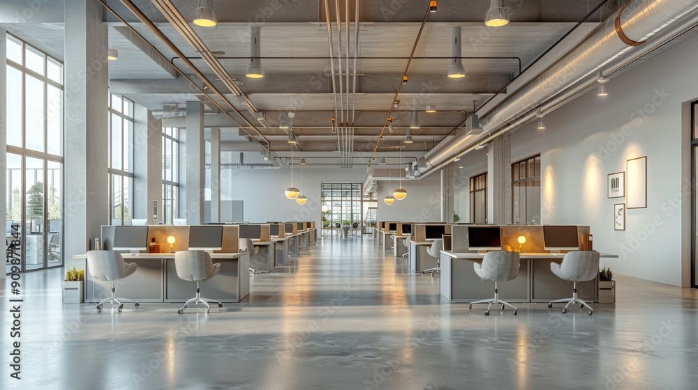 Poster modern workspace interior design featuring open area with multiple desks and large windows