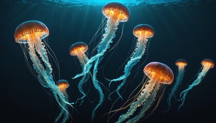 Jellyfish Swimming in Deep Underwater Habitat