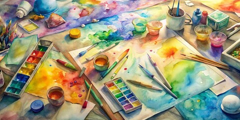 Colorful paints and brushes scattered on a table surrounded by paper artworks, showcasing the creativity and imagination of young minds in art class.