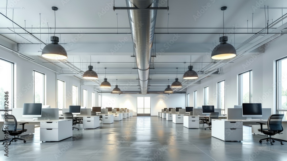 Poster modern open office space with desks and computers in bright natural light