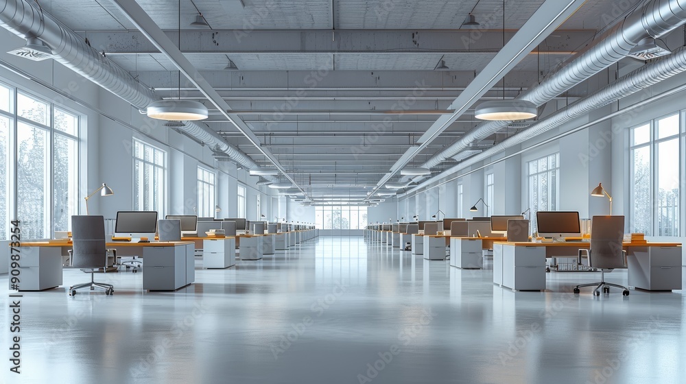 Aufkleber modern open office workspace with desks and computer stations during daylight hours
