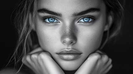 Fototapeta premium black and white portrait of a woman with bright blue eyes