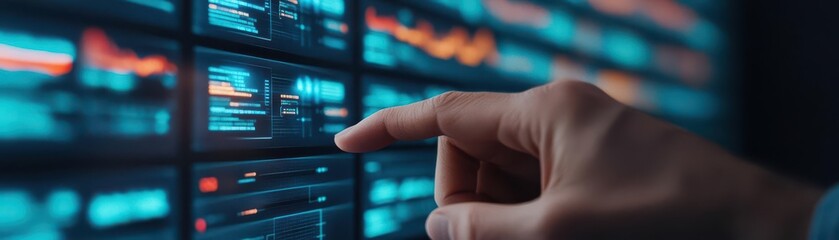 A close-up view of a hand interacting with a digital interface, showcasing data analysis and technology in action.