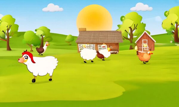"Draw a cartoon farm with animals."