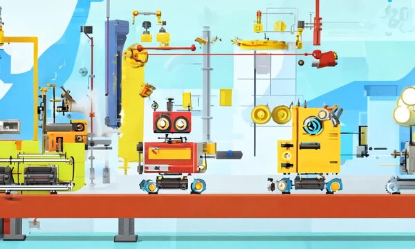 "Animate a cartoon robot factory."