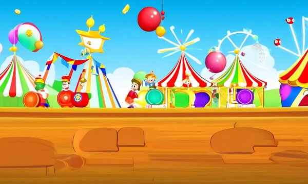 "Create a cartoon carnival with clowns and games."