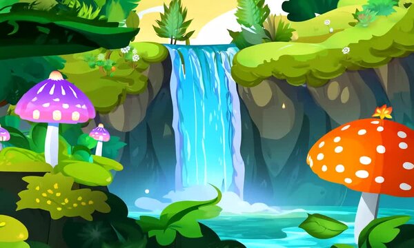 "Depict a cartoon jungle with a hidden waterfall."