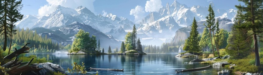 A scenic mountain landscape with a clear lake, evergreen trees, and snowcapped peaks, creating a tranquil and majestic natural setting